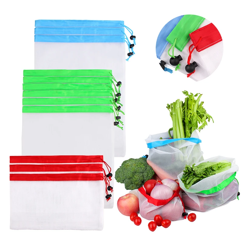 

Fruit Net Bag Mesh Reusable Produce Bags for Supper Market Vegetable Fruit Storage Bags Drawstring Bags 6Pcs/lot Can Customized