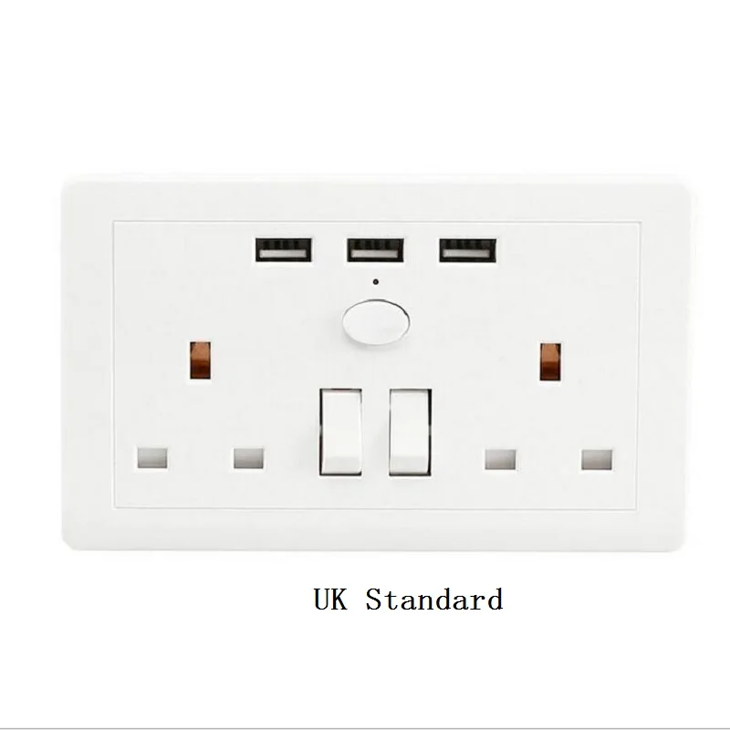 UK standrad Universal wall socket 2AC outlet 3USB charging ports with switch Smart Socket Panel white