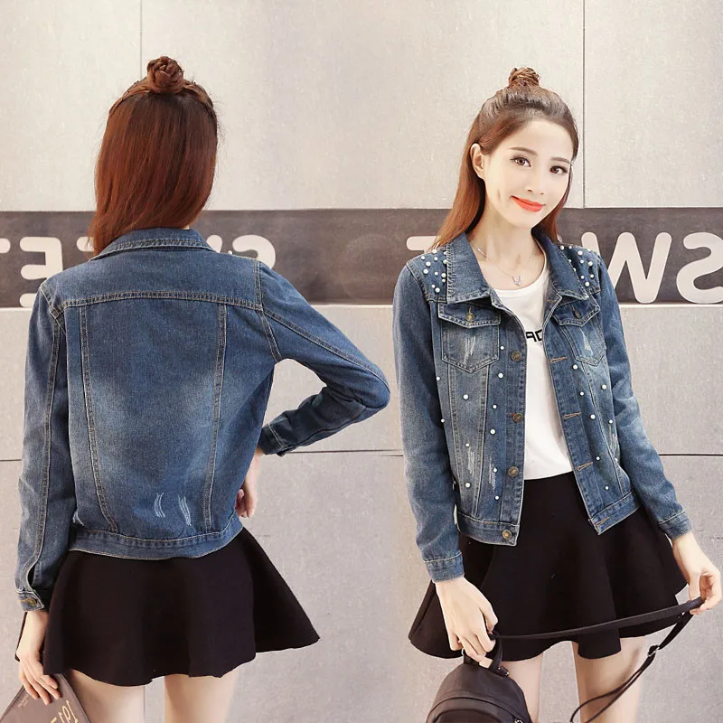 Denim Jackets Women Long Sleeves Slim Pearl Beading Jean Jacket spring Autumn Female Denim Jeans Coat