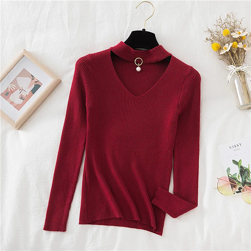 Woherb 2024 Basic V-neck Beading Solid Autumn Winter Sweater Pullover Women Knitted Sweaters Slim Stretch Badycon Jumper Mujer