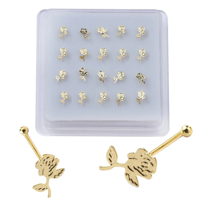 20 Pieces Rose Flower Shape Nose Studs Ball Pin End for Women Girl Nose Rings Piercing Puncture Body Jewelry Universal