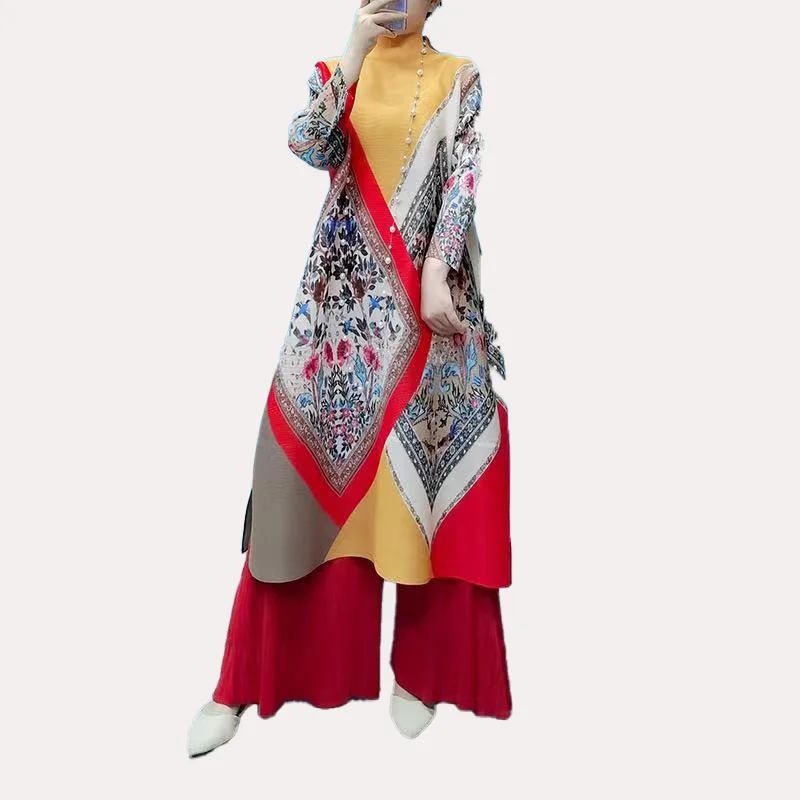 Miyake Pressure Plait High Collar Printed French Vestidos Spring Long Sleeves 2024 New Female Elegant Women's Dre