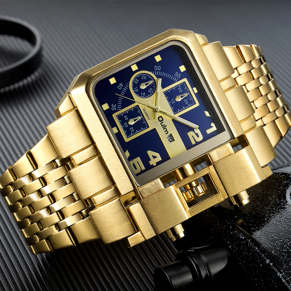 2023 Oulm Luxury Brand Gold Stainless Steel Male Watch Square Quartz Wristwatch Automatic Calendar Waterproof Relogio Masculino