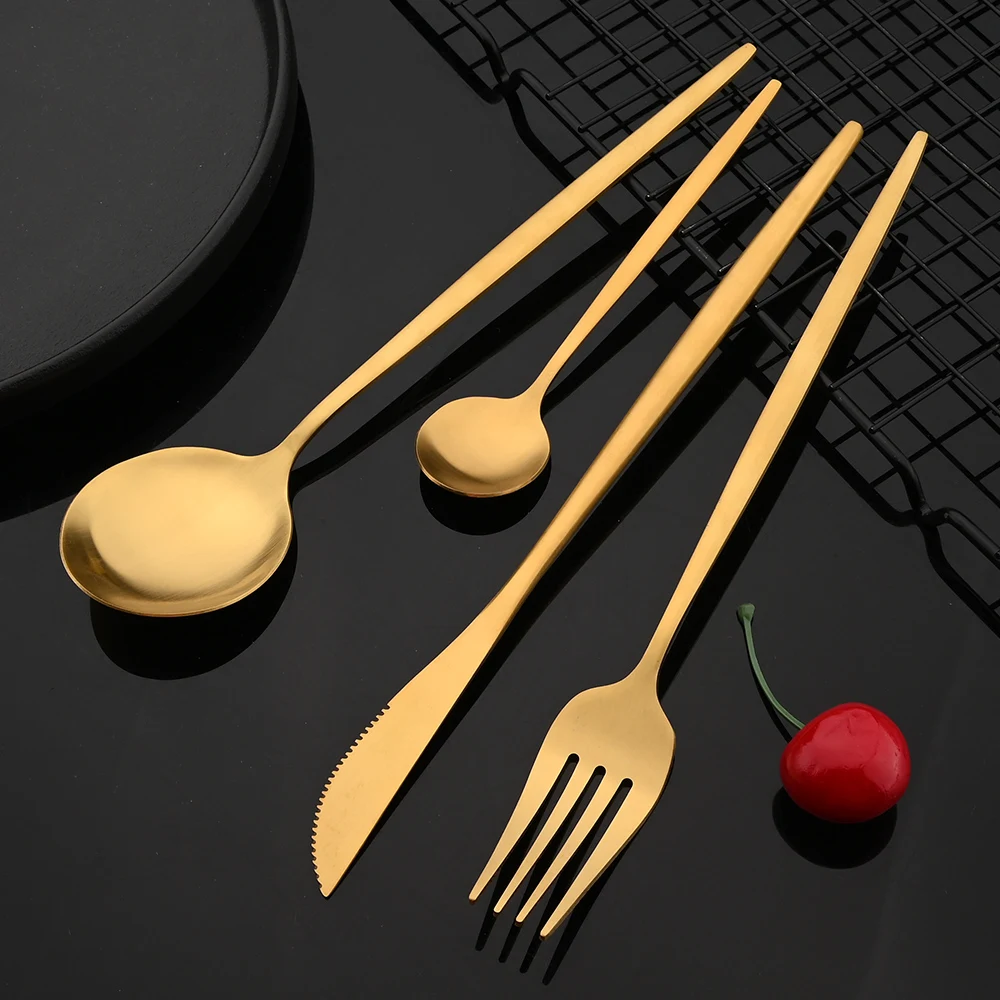 Gold Matte Cutlery Set Stainless Steel Dinnerware Flatware Kitchen Home Dessert Fork Spoon Knife Set Silverware Tableware Set