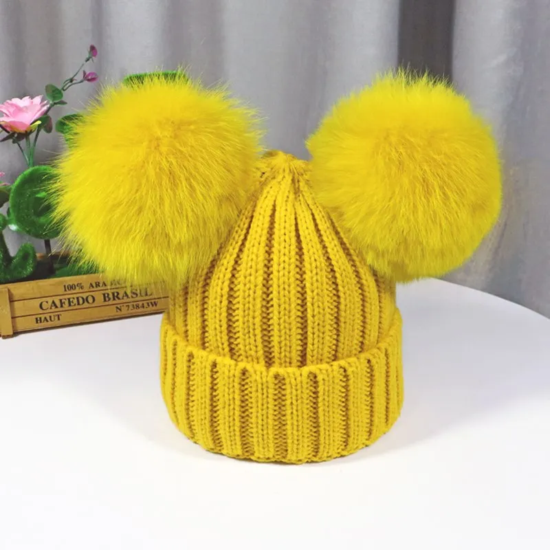 Winter Kids natural Two Fur Pompoms Hat Children cute Knitted Girls Boys Warm Cap Baby Beanies Knitted Warm Beanie Hats