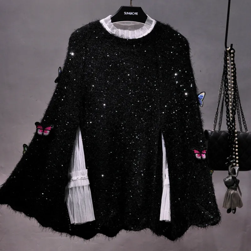 Thick Winter Sequins Imitation Mink Velvet Embroidery 3D Butterfly Bat Sleeve Pullovers Cape Shiny Mohair Knit Shawl Loose Cloak