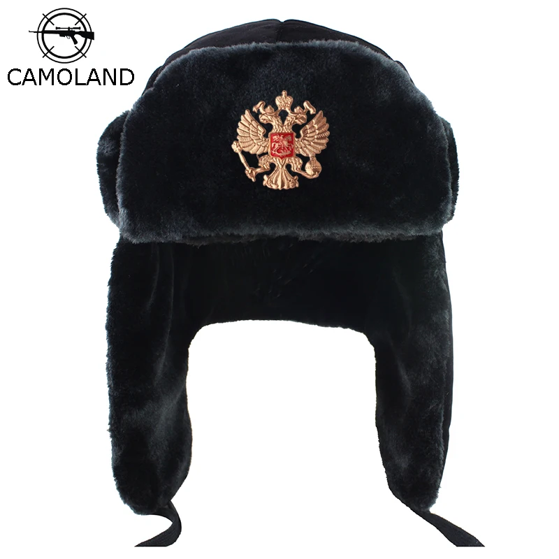 CAMOLAND Russia Ushanka Bomber Hat Women Man Soviet Army Military Badge Winter Hat Faux Fur Earflap Snow Cap Trapper Bomber Cap