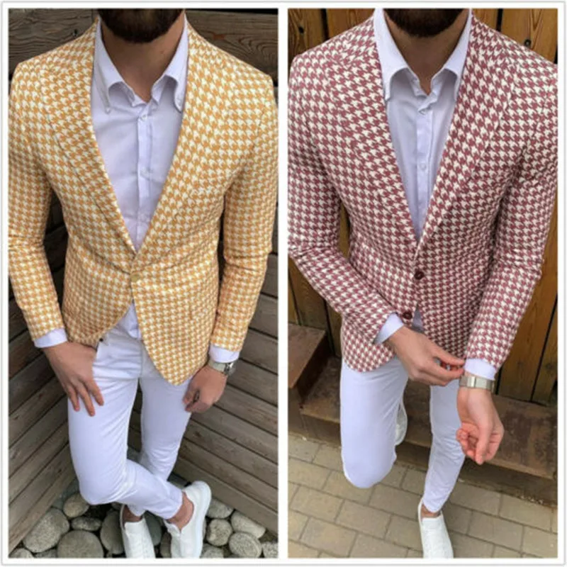 

Houndstooth Men's Suits Blazer Causal Sports Formal Slim Fit Tailored Peak Lapel Wedding Groom Groomsman Formal Proom