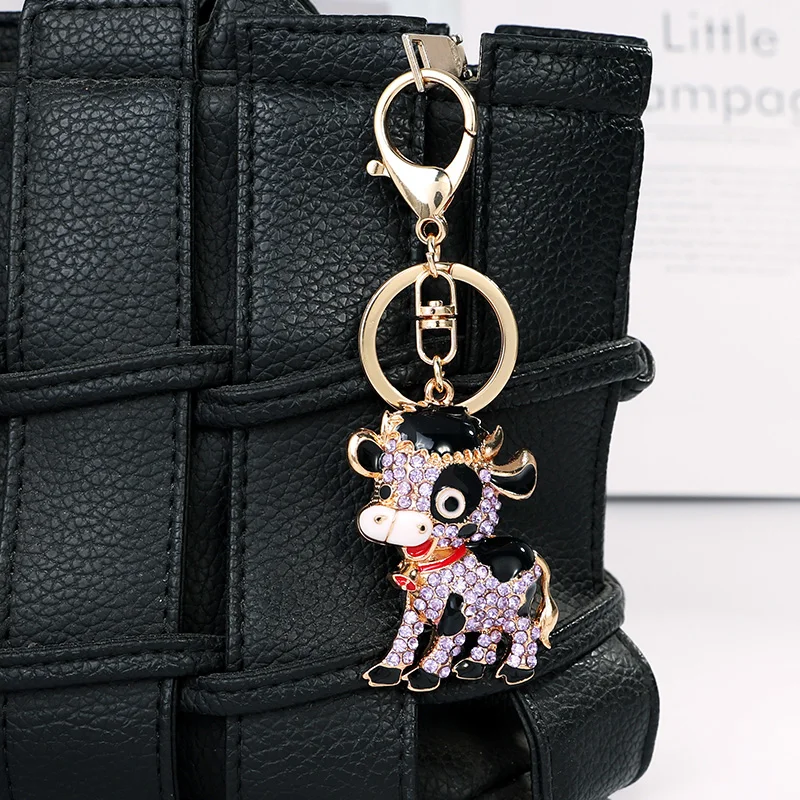 Cartoon Animals Cows Keychain Pattern Purse Bag Car Charm Key Ring Buckle Clasp Gifts Pink Ear White Body Crystal