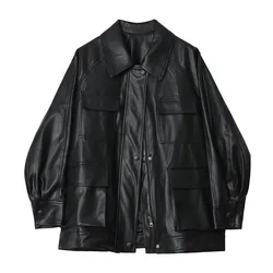 Mid-length Loose Vintage Black Big Pocket Faux Leather Coat With Belt Spring Autumn 2024 Women Casual Biker Jacket Veste Femme