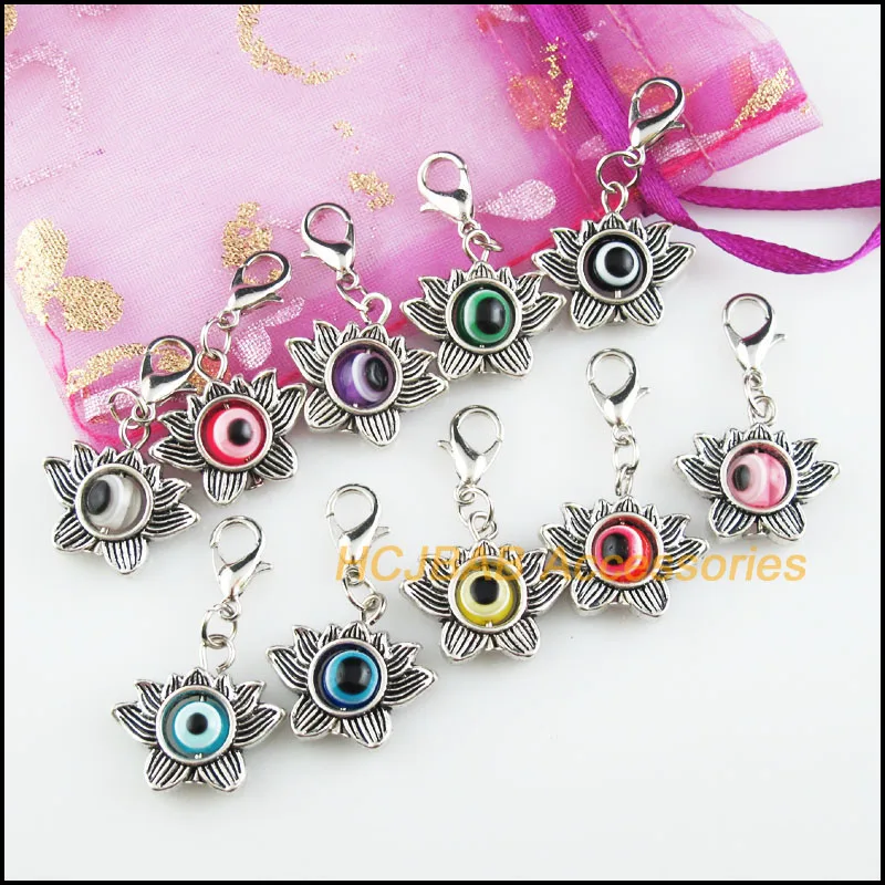 10Pcs Tibetan Silver Tone Lotus Retro Mixed Eye Resin 17x19mm With Lobster Claw Clasps Charms