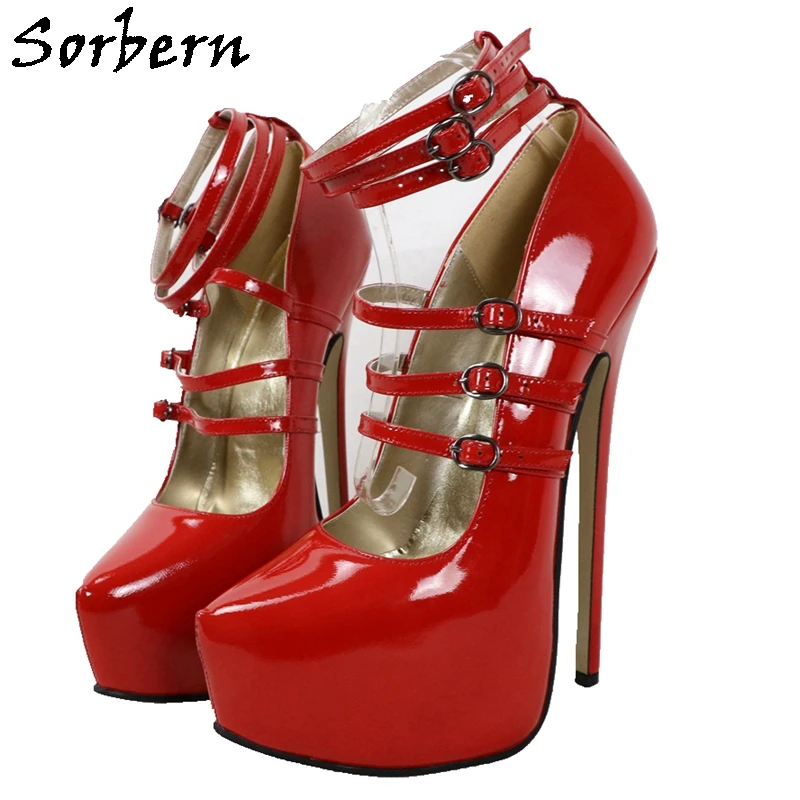 

Sorbern Shiny Red Women Pump 22cm High Heels Genuine Leather Pointed Toe Ankle Wrap Strap Platform Heel Shoes Fetish Party Shoes