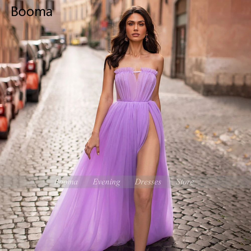 Vestido de baile sem alças estilo lavanda, vestidos de festa e festa de fenda alta e sem manga, plissado, de tule transparente