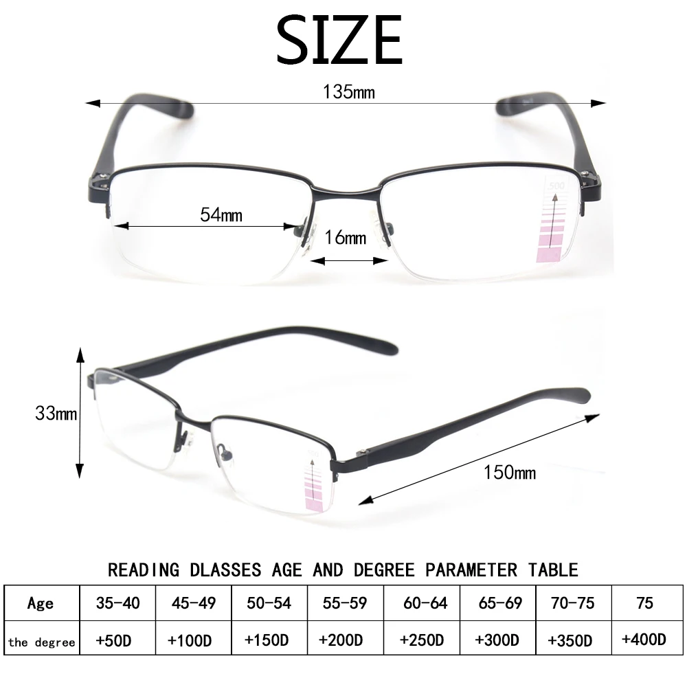 Henotin Reading Glasses Spring Hinge Men Women Half Frame Progressive Multifocus Readers Diopter+100+150+200+250+300+350