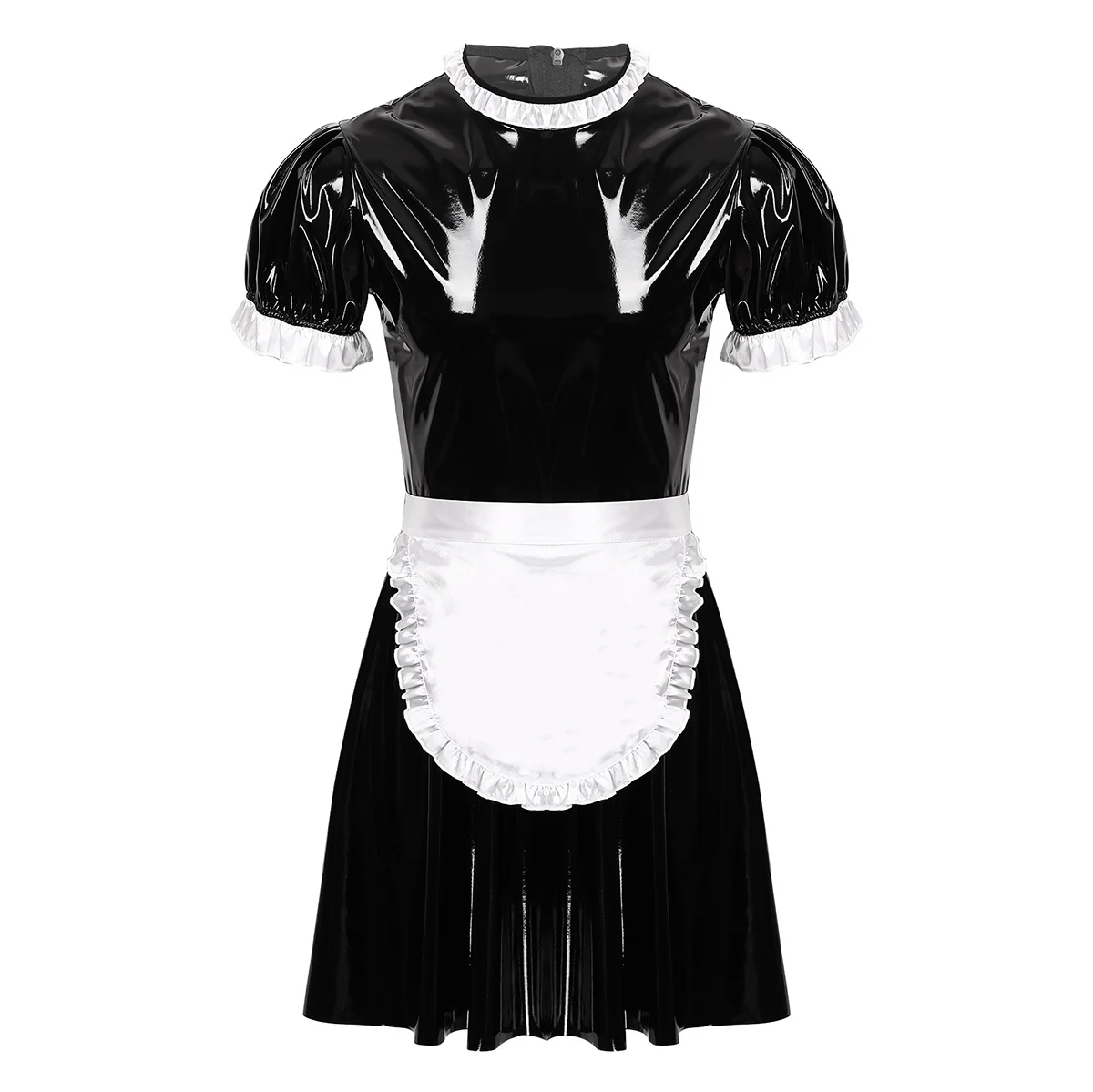 

Adult Mens Sissy Maid Role Play Cosplay Costume Set Short Puff Sleeve Wet Look Patent Leather Servant Uniform Flared Dress