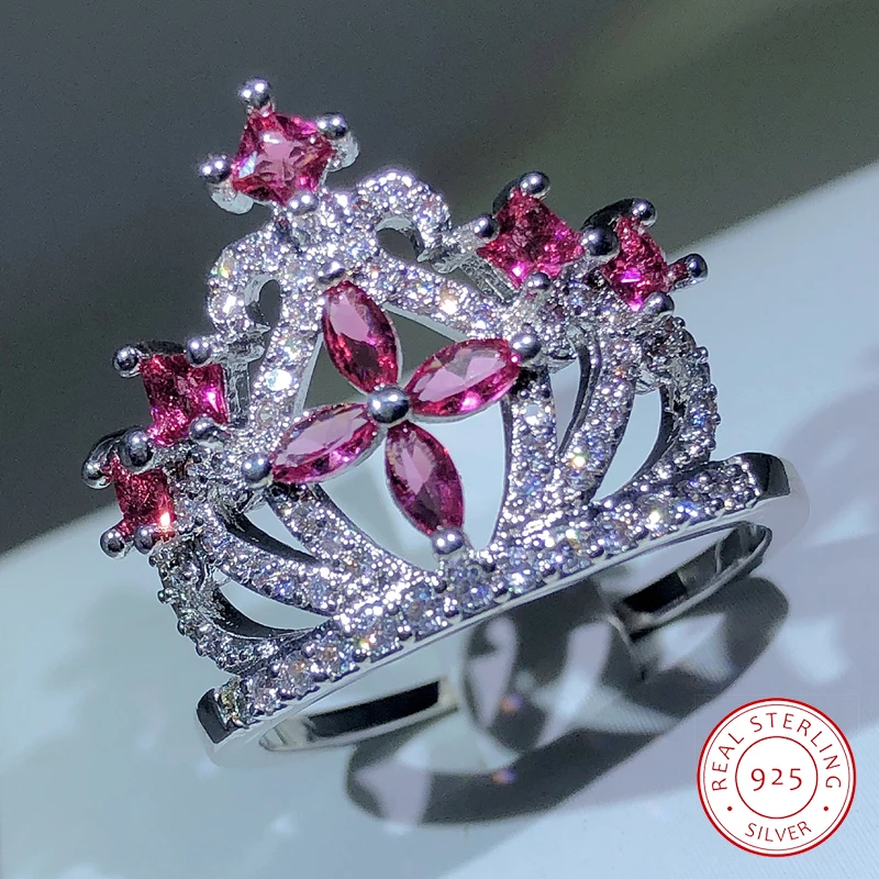 925 sterling silver boho color zircon big crown ring for ladies ruby crown jewelry party engagement gift