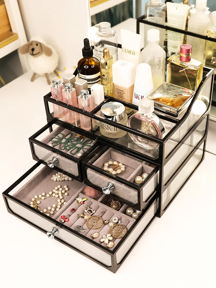 

European-style glass dustproof cosmetic storage box non-acrylic lipstick clamshell skin care products desktop jewelry box