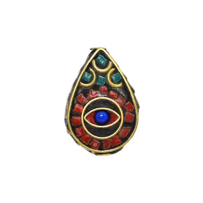 TZ-E06 Droplet bead Handmade Nepalese Buddha's eye Tibetan Brass Metal & Clay Loose Craft Beads for Necklace Jewelry Making DIY