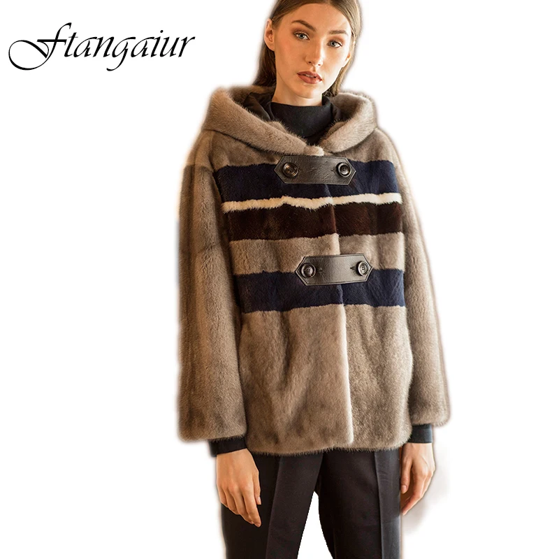 

Ftangaiur Winter Import Velvet Mink Fur Overcoats For Femal Patchwork Line With Fur Hood Mink Coat Women's Short Real Fur Coats