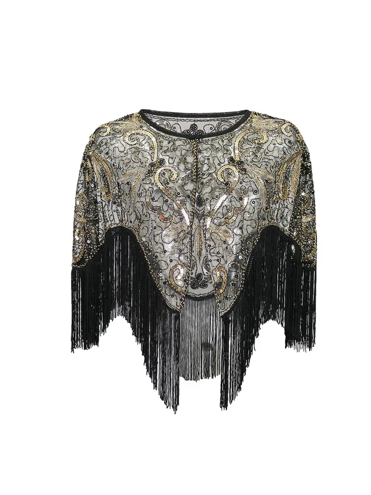 

1920s Gatsby Premium Sequin Embroidered Shawl With Abstract Floral Design and Tassels Wedding Capelet