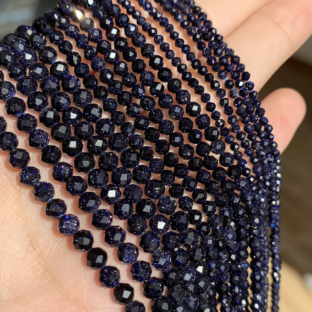 Natural Blue Sandstond 2/3/4mm Faceted Mineral Loose Beads for Jewelry Making DIY Christmas Gift Bracelets 15\'\' Tiny Stone