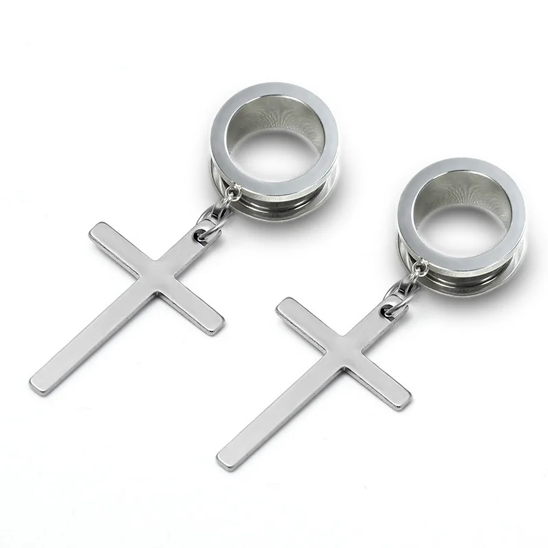 2Pcs Ear Piercing Dangle Cross Ear Plugs and Tunnels Stainless Steel Oreja Dilatacions Ear Expander 4m-25mm Punk Body Jewelry