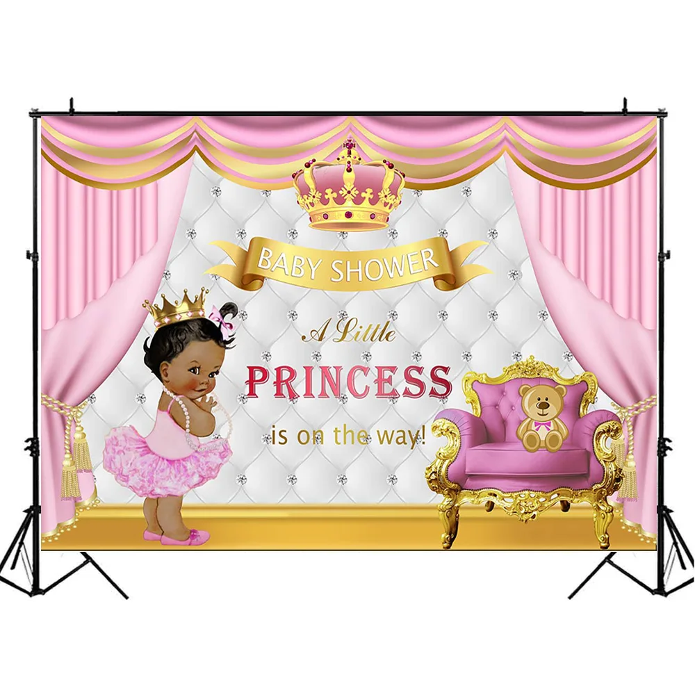 Mocsicka A Little Princess Is On The Way Backdrop Newborn Girl Baby Shower Background Photo Studio Pink Curtain Crown Photocall