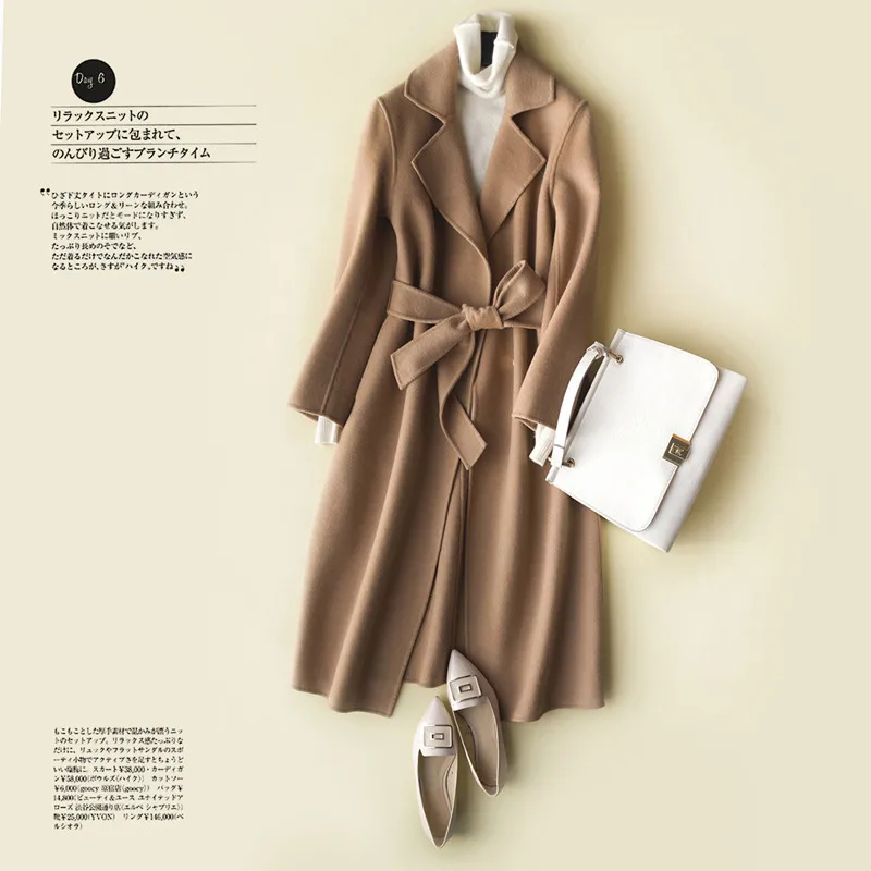 Winter Cashmere Coat + Belt Women Long Jackets 100% Wool Coat Female Both Sided Wool Overcoat Elegant Clothes 2020 W1176