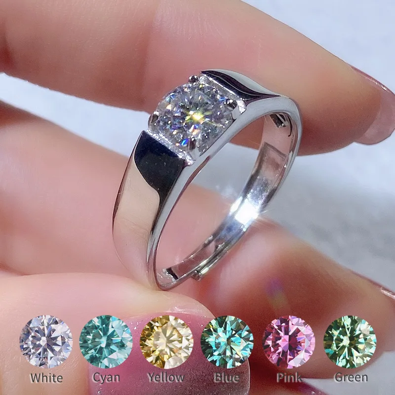 

1-3CT Real Moissanite Ring For Men Classic Color Blue Pink Yellow Green Cyan S925 Silver Adjustable Resizable Diamond Rings