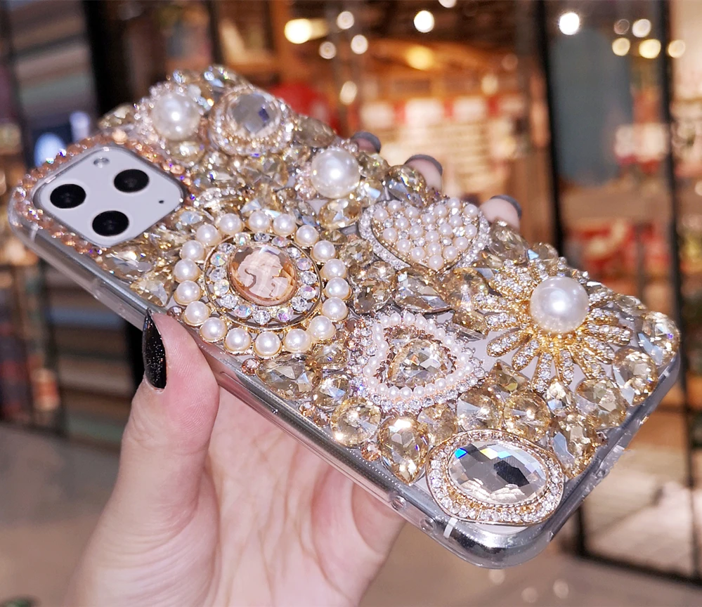 Bling Gold Crystal Pearl Diamond Gem Flower Case Cover For iPhone 15 14 13 12 Mini 11 Pro XS Max XR X 8 7 Plus SE Handmade Case