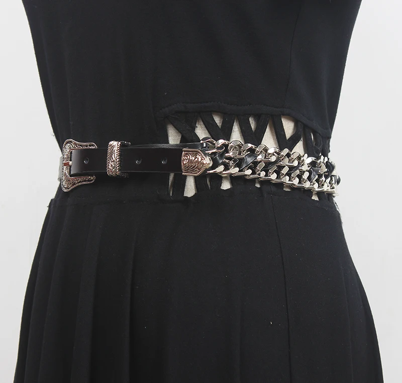 Women's Runway Fashion Genuine Leather Metal Chain Cummerbunds Female Dress Corsets Waistband Belts Decoration Wide Belt R1883