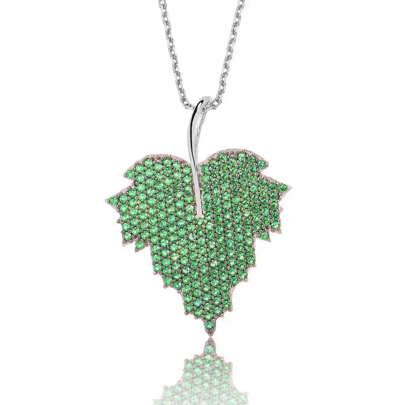 Silver Green Leaf Women Necklace Zircon Stone 925 Sterling Women Fine Jewelry Wedding Party Birthday Gift - Box - Pendant - Chain Choker - Female - Ladies - Fashion