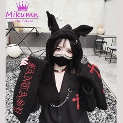 Harajuku Punk Rabbit Ear Hat Skull Letter Cross Plush Scarf Hat Women Winter Warm Hooded Windproof Earflap Scarf Streetwear