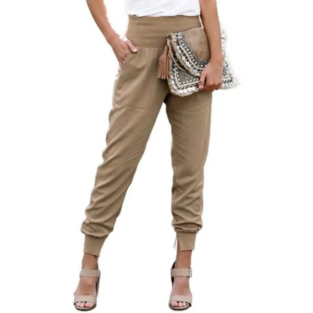 Women High Waisted Pants Solid Color Ankle Tied Autumn Winter Elastic Waist Side Pockets Trousers Casual Office Ladies Pants