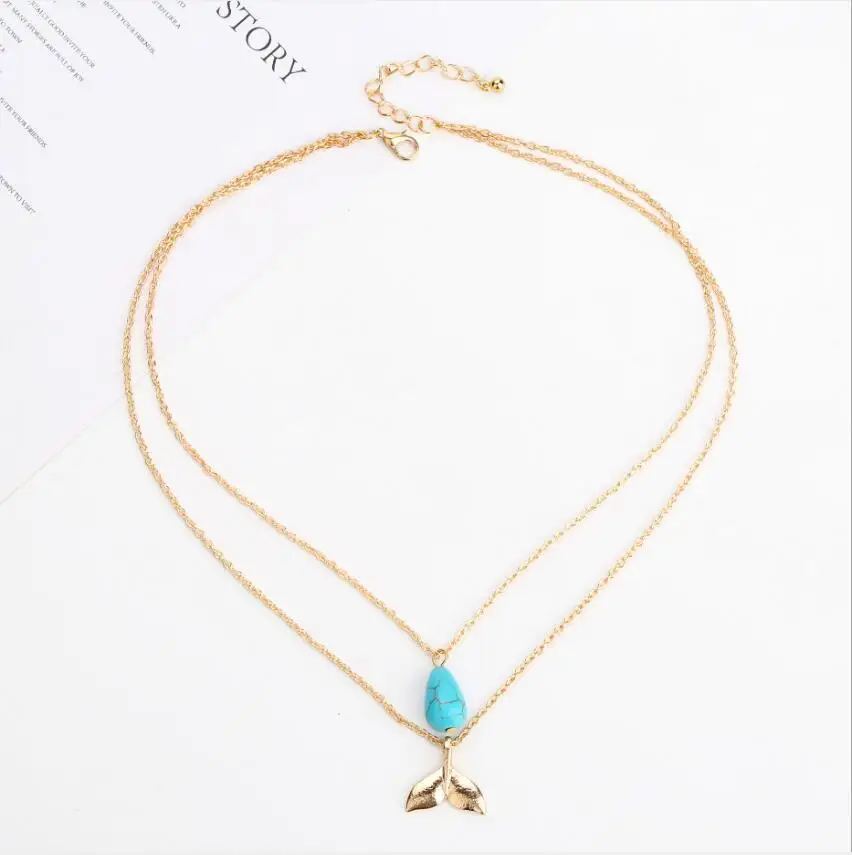 أزياء المرأة مزدوجة الطبقات قطرة الماء الفيروز وذيل حورية البحر قلادة القلائد الذهب سلسلة مجوهرات هدايا S1971 #3