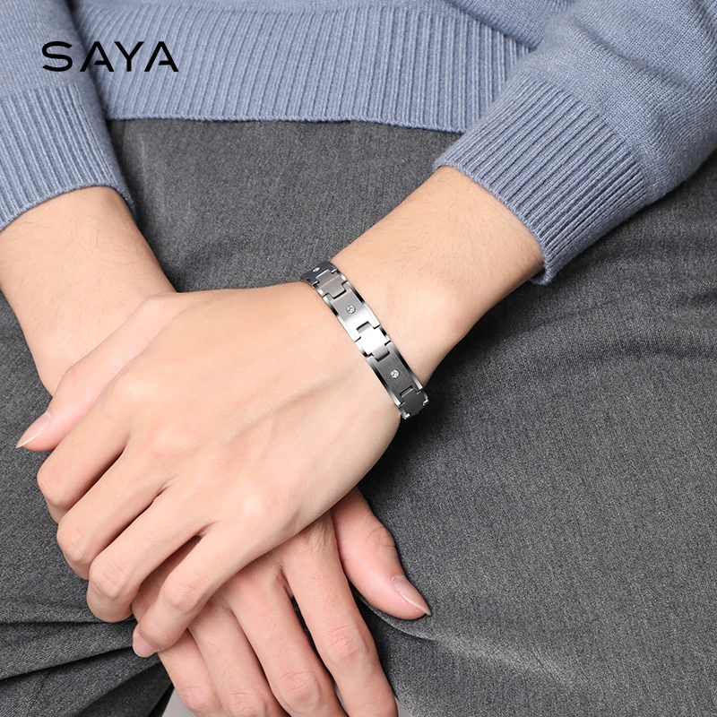 Tungsten Bracelet for Men Carbide Chain Jewelry Inlay CZ Stones 10mm Width 20 cm Length, Customized