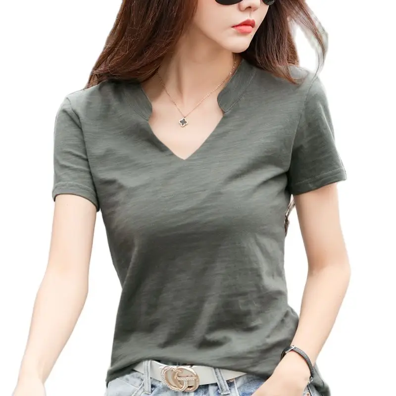 Short Sleeve Bamboo Cotton Women V-Neck T-Shirts 2023 Loose Casual Solid Color Brand T Shirt Ladies Summer Spring All-Match Tops