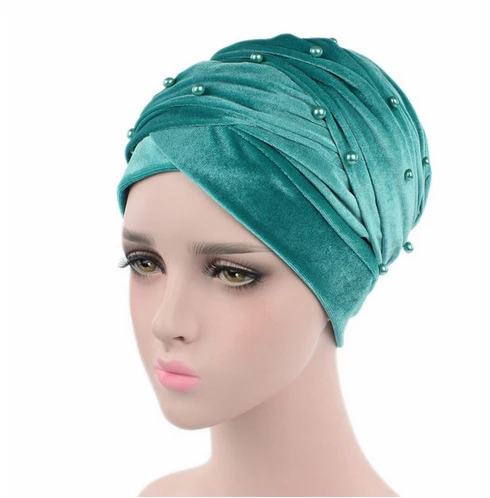 Hohe Qualität Samt Kopf Wraps für Frauen Winter Turban Schal mit Perlen Perlen Kopftuch Motorhaube Afrikanische Hut Turbante Mujer