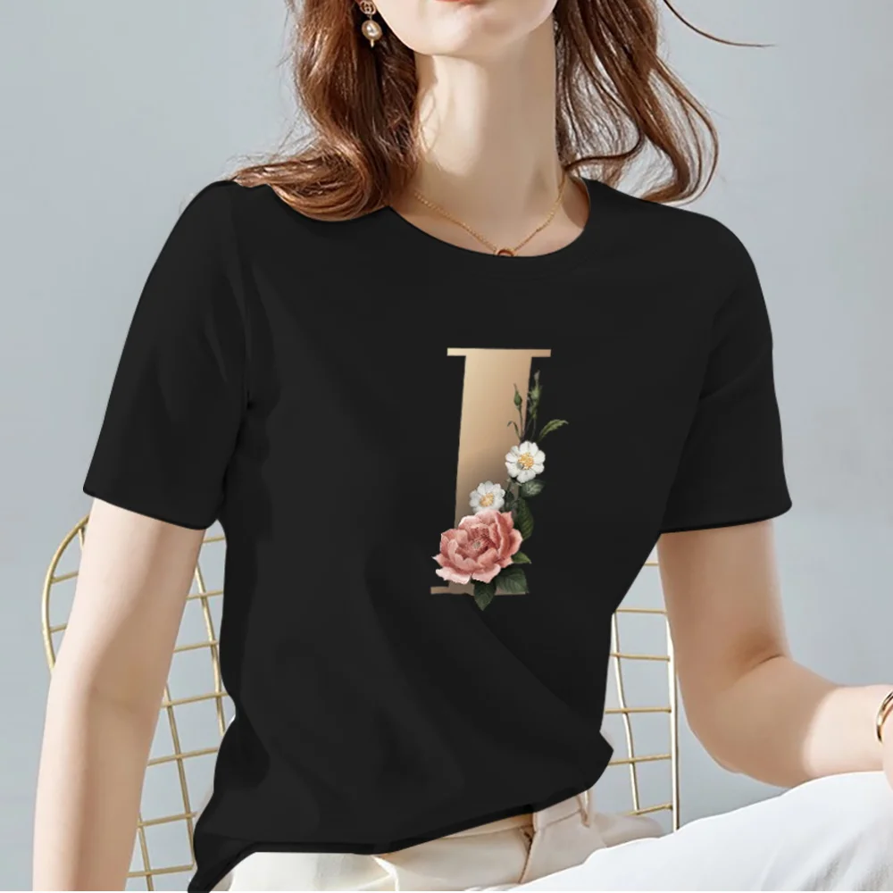 T-shirts feminino preto all-match o-neck camiseta ouro inglês 26 carta padrão série senhora topos feminino commuter t roupas femininas