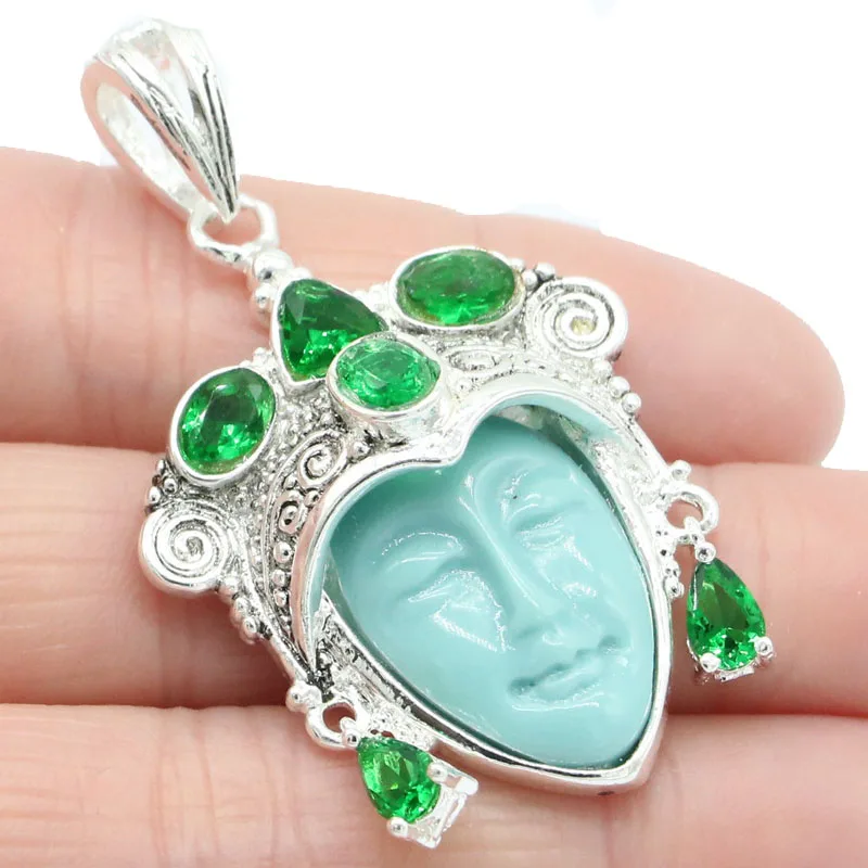 

48x29mm 12g Egypt Goddess Blue Turquoise Face Rhodolite Garnet Blue Topaz Emerald Women Silver Pendant