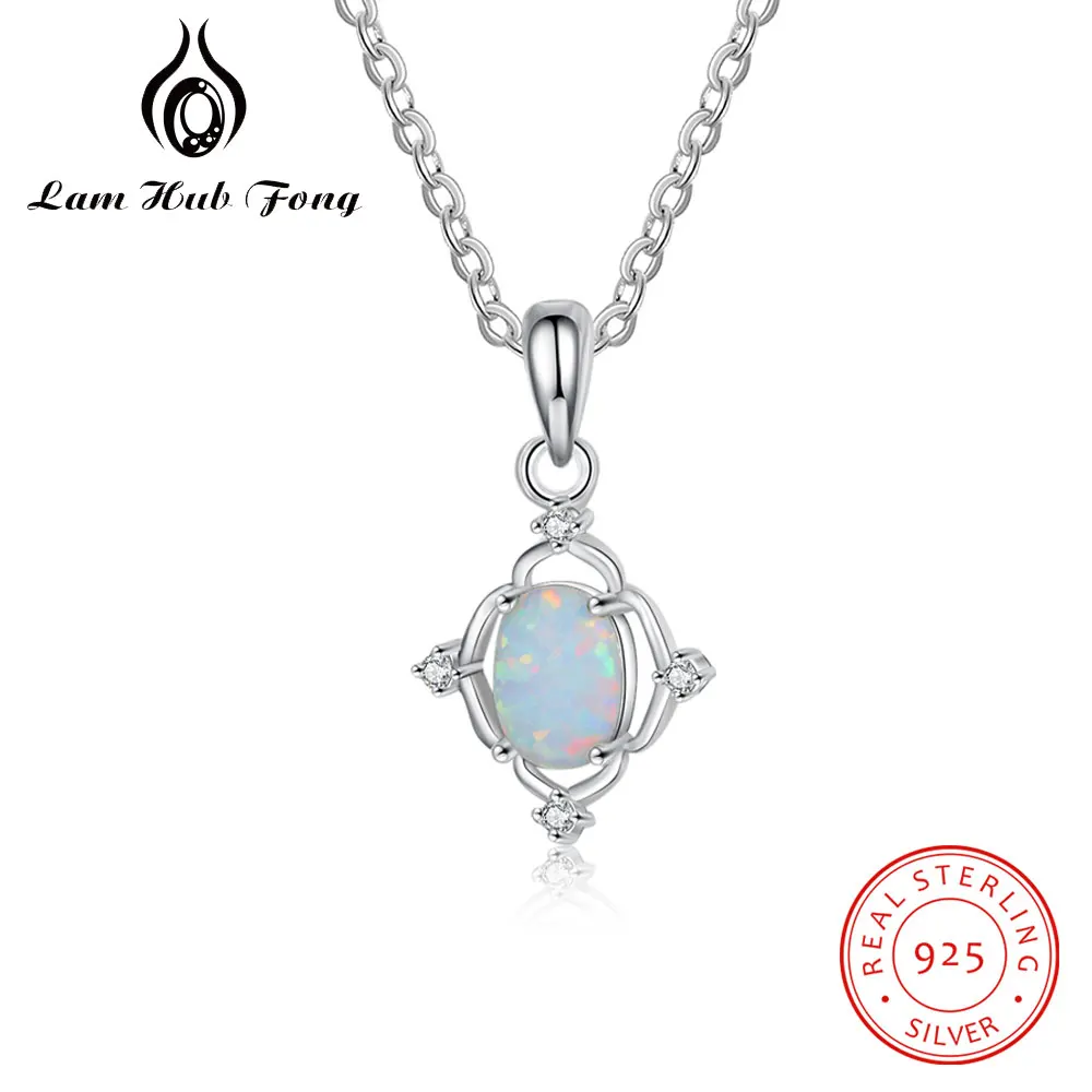 Geometric 925 Sterling Silver Chain Necklaces for Women Clear Zircon Oval Opal Stone Necklaces Statement Jewelry (Lam Hub Fong)