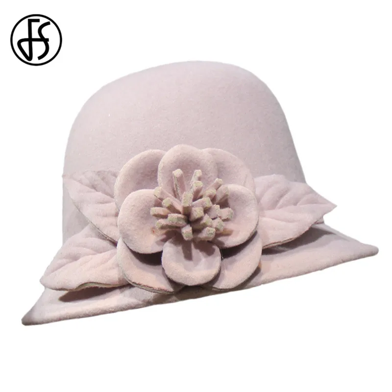 FS 100% Wool Felt Pink Hats For Women Solid Bowler Caps Ladies Winter Red Flower Wide Brim Fedora Hat Chapeau Femme Church Caps