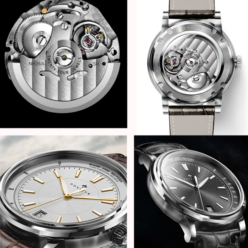 PONIGER Роскошные деловые часы из натуральной кожи с сапфировым стеклом, водонепроницаемые часы Seiko, мужские автоматические механические часы с датой