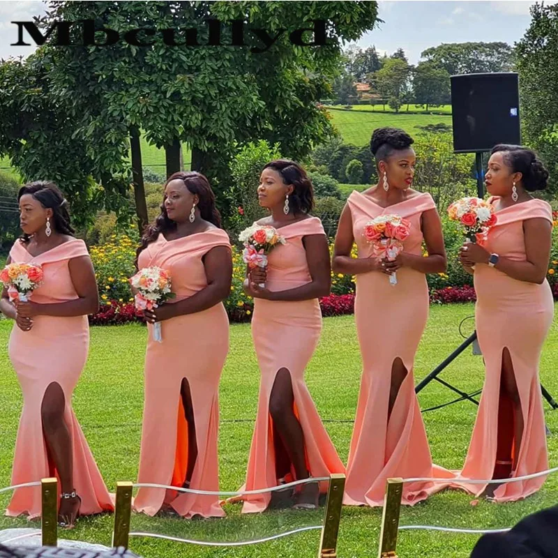 Elegant African Bridesmaid Dresses 2023 Pink Side Split Wedding Guest Dress Long Sexy Off Shoulder Robe Demoiselle D'honneur