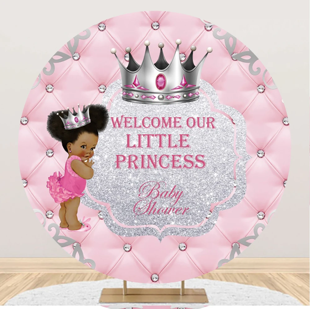 Welcome Our Little Princess Gold Crown Pink Headboard Round Backdrop For Baby Shower 1st Birthday Party Circle Background