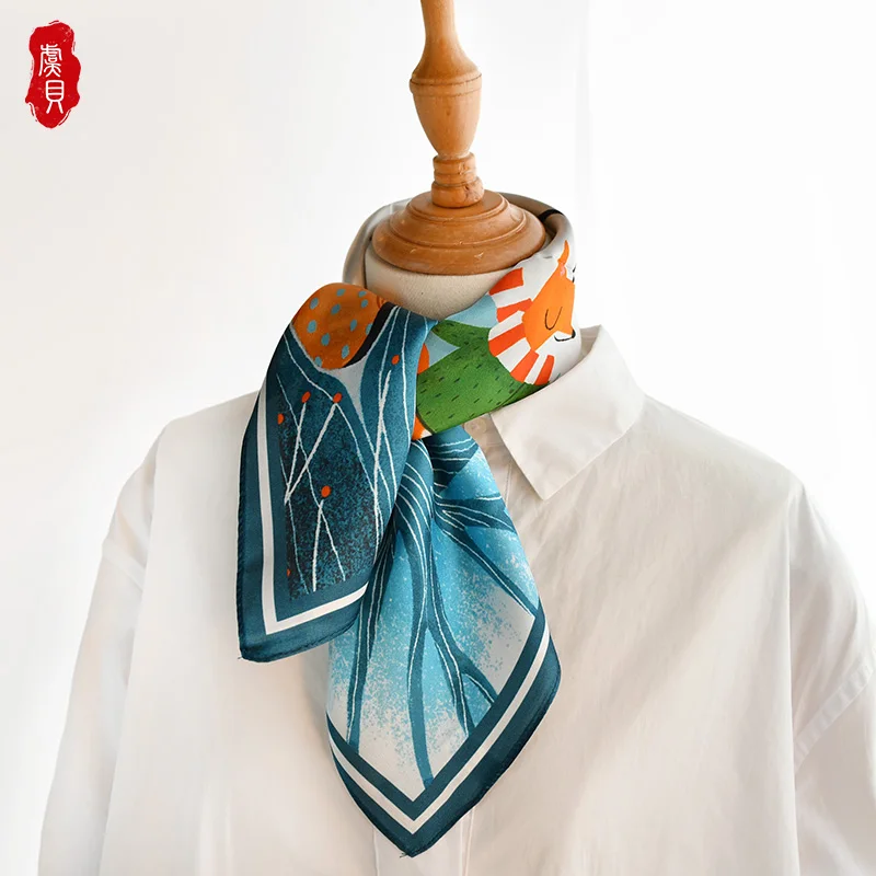 Blue lovely fox natural silk scarf women 100% real silk scarves children 50cm small square headband wrap gift for lady and baby