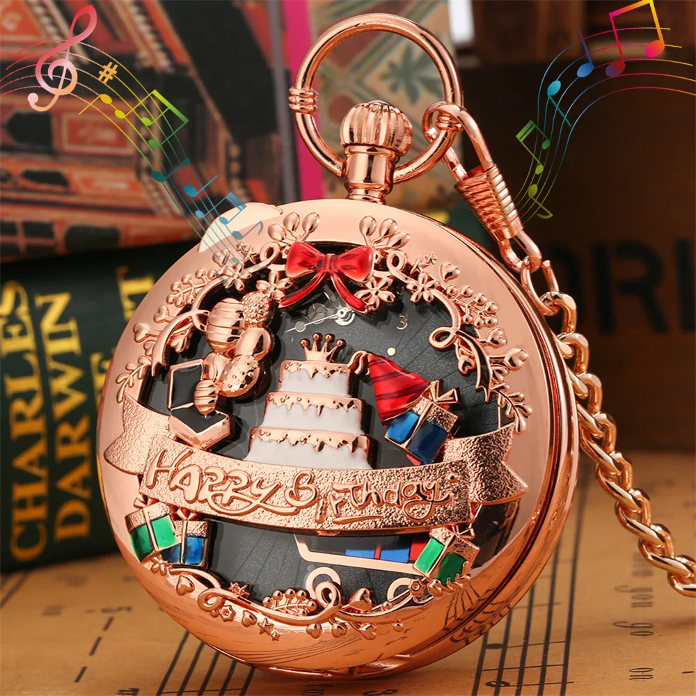 Happy Birthday Melody Musical Quartz Pocket Watch Silver/Gold/Rose Gold Music Pendant Pocket Timepiece Gifts Men Women Kids