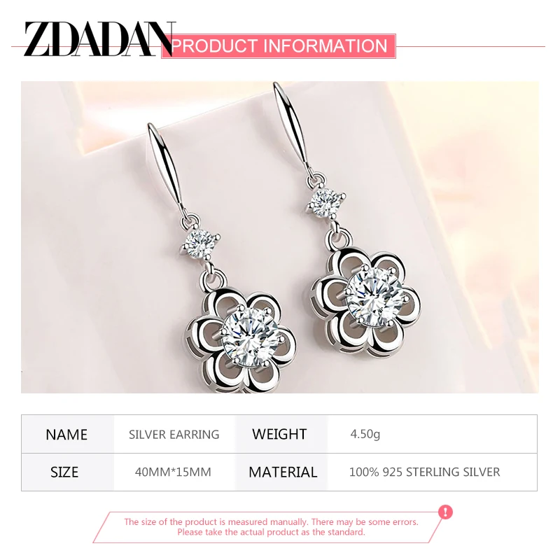 ZDADAN 925 Sterling Silver Zircon Petal Dangle Earrings For Women Fashion Jewelry Party Accessories