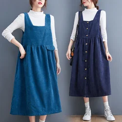 2022 New Vintage Corduroy Strap Dress Women Clothing Spring Autumn Dresses Loose Large Size Slim Dress D564
