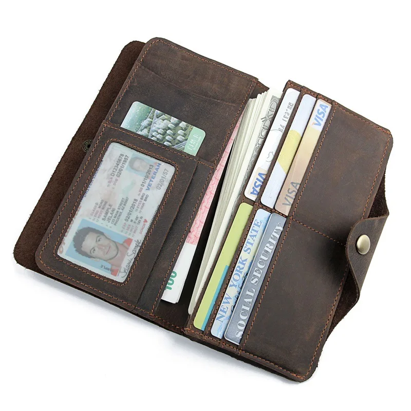 

Genuine leather Trifold Leather Wallet leather Clutch wallet with phone pocket and removable Zipper Pocket Men crazy long wallet